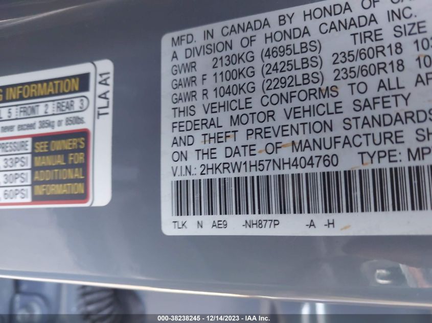 2022 HONDA CR-V EX - 2HKRW1H57NH404760