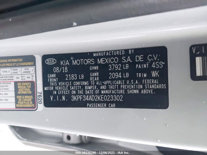2019 KIA FORTE GT LINE/S - 3KPF34AD2KE023302