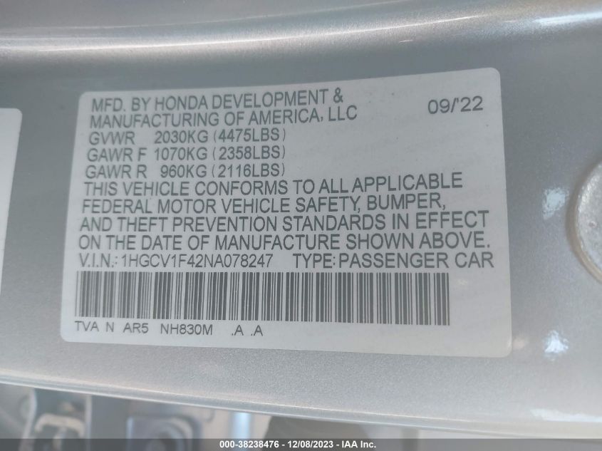 2022 HONDA ACCORD SPORT SE - 1HGCV1F42NA078247