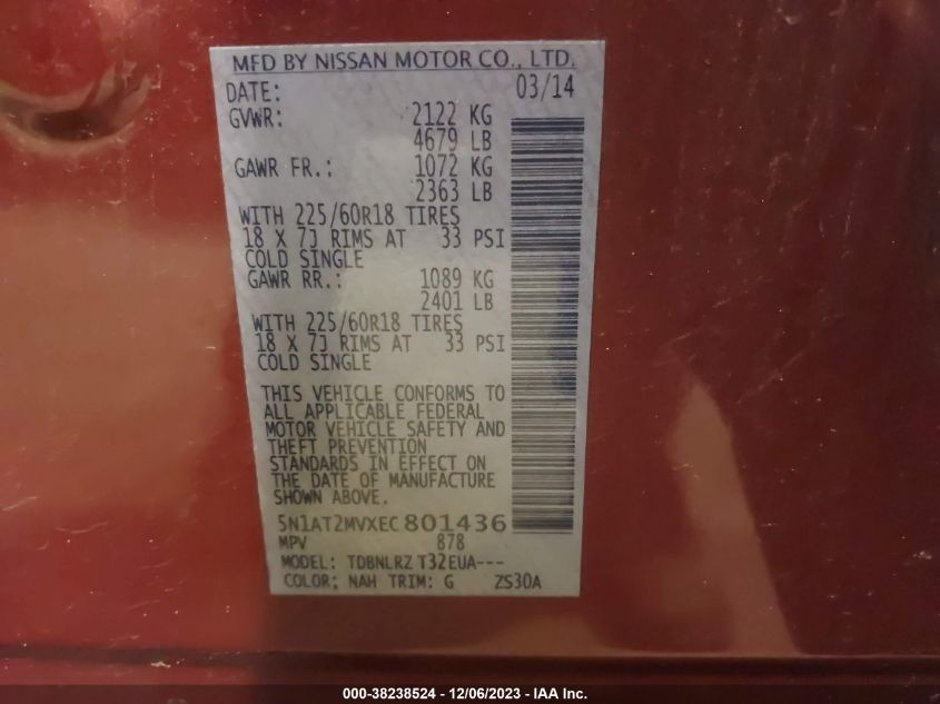 2014 NISSAN ROGUE S/SL/SV - 5N1AT2MVXEC801436