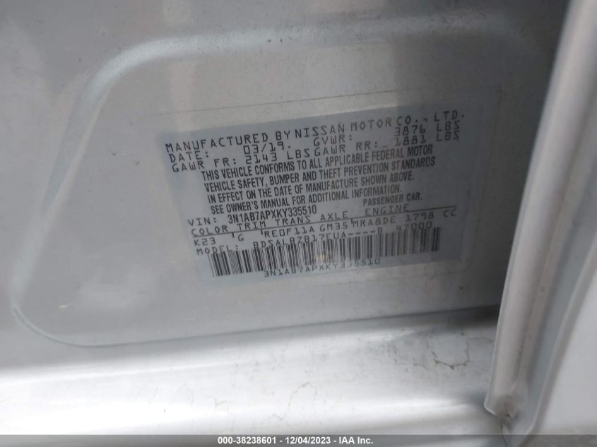 2019 NISSAN SENTRA S - 3N1AB7APXKY335510