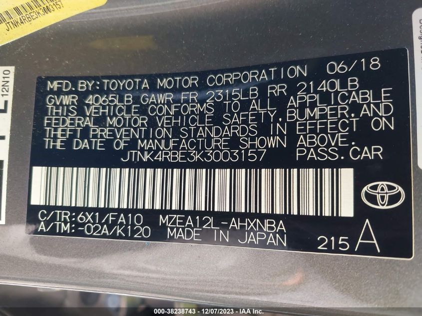 2019 TOYOTA COROLLA SE/XSE - JTNK4RBE3K3003157