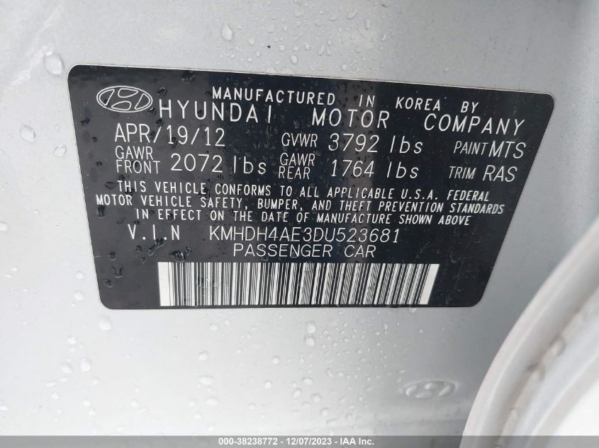 2013 HYUNDAI ELANTRA GLS/LIMITED - KMHDH4AE3DU523681