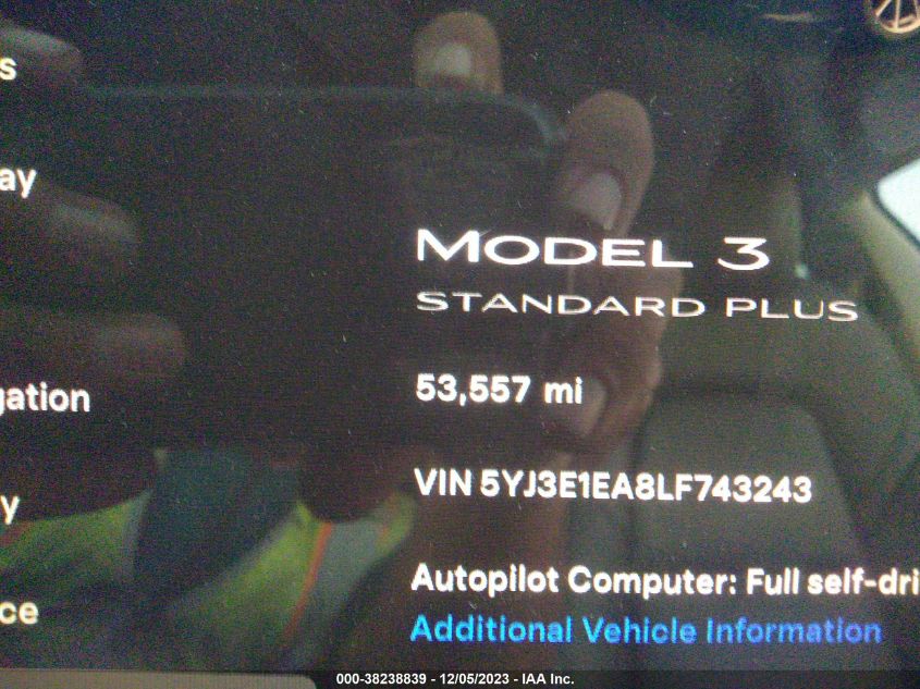 2020 TESLA MODEL 3 STANDARD RANGE PLUS - 5YJ3E1EA8LF743243