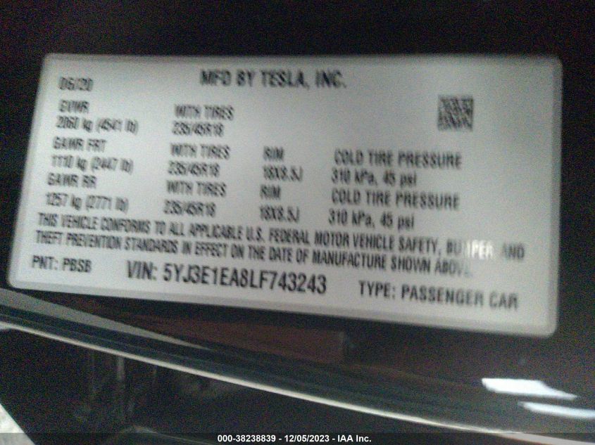 2020 TESLA MODEL 3 STANDARD RANGE PLUS - 5YJ3E1EA8LF743243