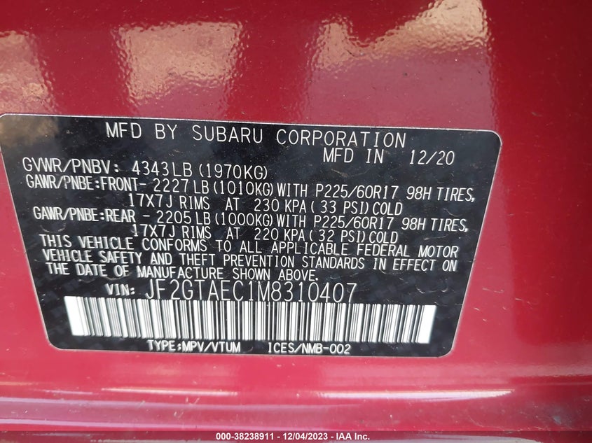 VIN JF2GTAEC1M8310407 2021 SUBARU CROSSTREK PREMIUM
