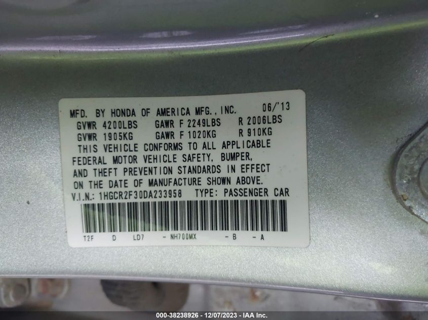 2013 HONDA ACCORD LX - 1HGCR2F30DA233958