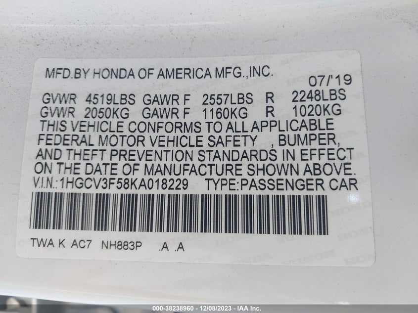 VIN 1HGCV3F58KA018229 2019 HONDA ACCORD HYBRID EX-L