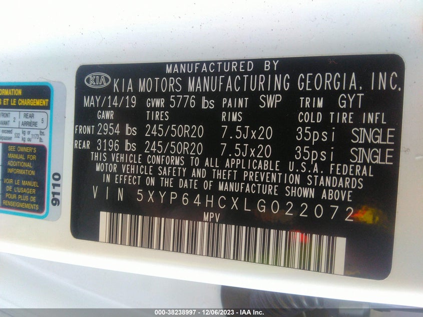 VIN 5XYP64HCXLG022072 2020 KIA TELLURIDE S