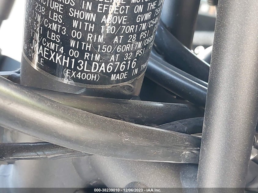 VIN JKAEXKH13LDA67616 2020 KAWASAKI EX400