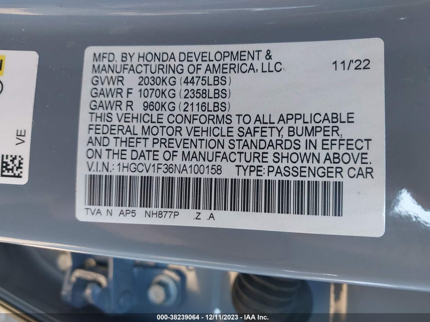 VIN 1HGCV1F36NA100158 2022 HONDA ACCORD SPORT
