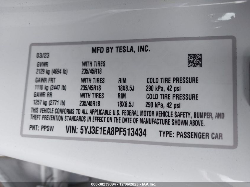 2023 TESLA MODEL 3 - 5YJ3E1EA8PF513434