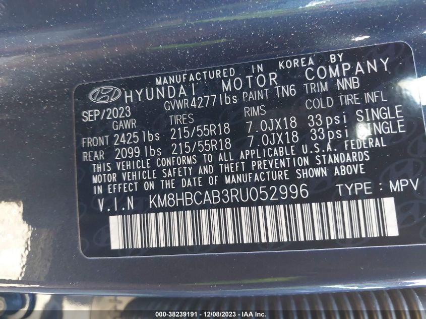 2024 HYUNDAI KONA SEL - KM8HBCAB3RU052996