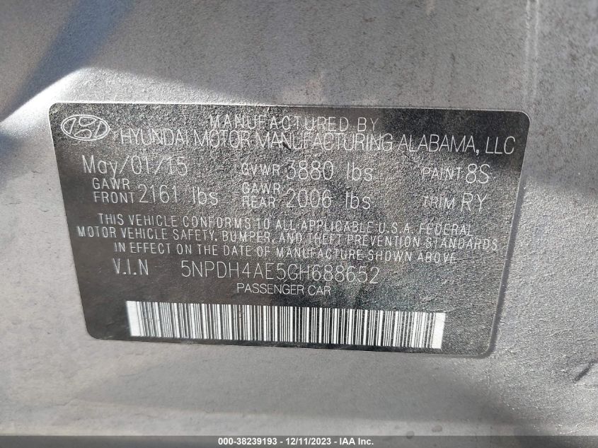 2016 HYUNDAI ELANTRA LIMITED - 5NPDH4AE5GH688652