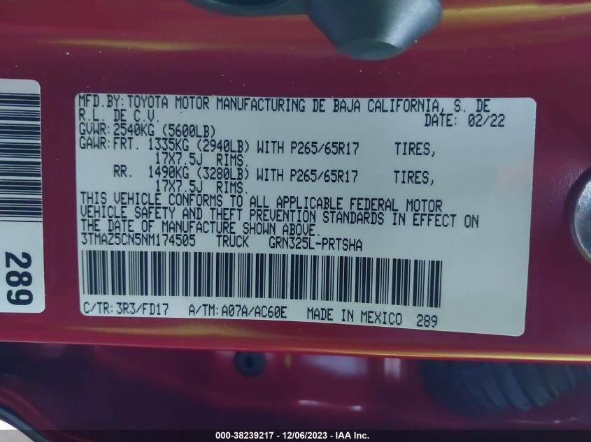 2022 TOYOTA TACOMA DOUBLE CAB/SR5/TRD SPORT/ - 3TMAZ5CN5NM174505