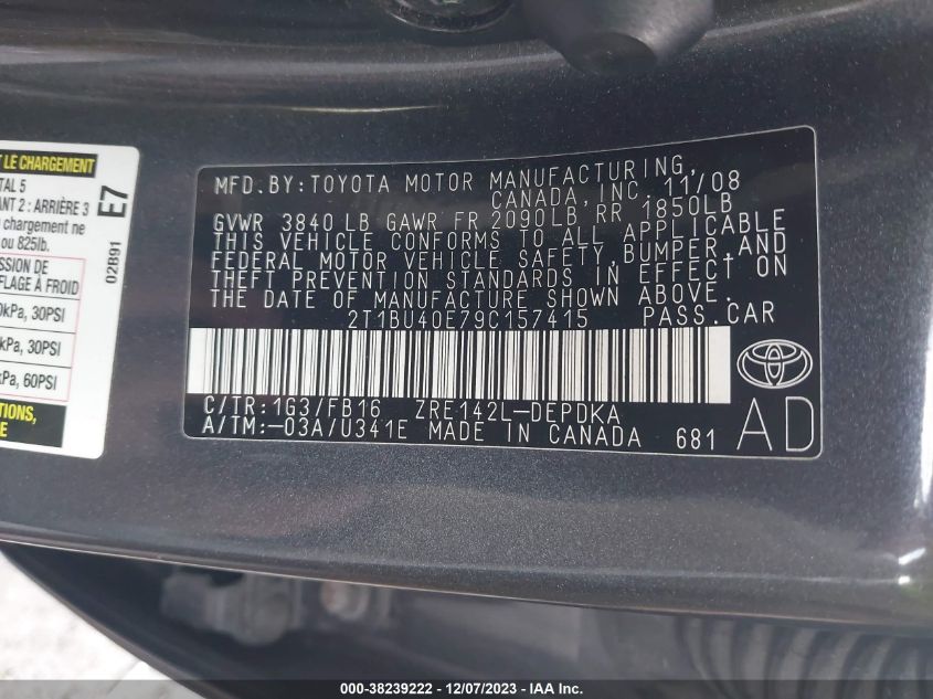 2T1BU40E79C157415 | 2009 TOYOTA COROLLA