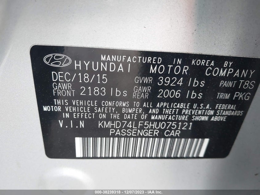 VIN KMHD74LF5HU075121 2017 HYUNDAI ELANTRA SE