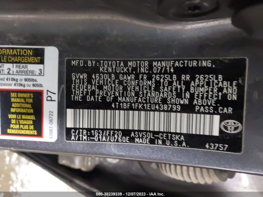 2014 TOYOTA CAMRY L/SE/LE/XLE - 4T1BF1FK1EU438799