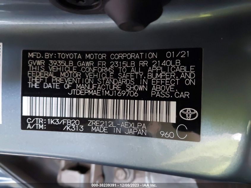 VIN JTDEPMAE1MJ169706 2021 TOYOTA COROLLA LE