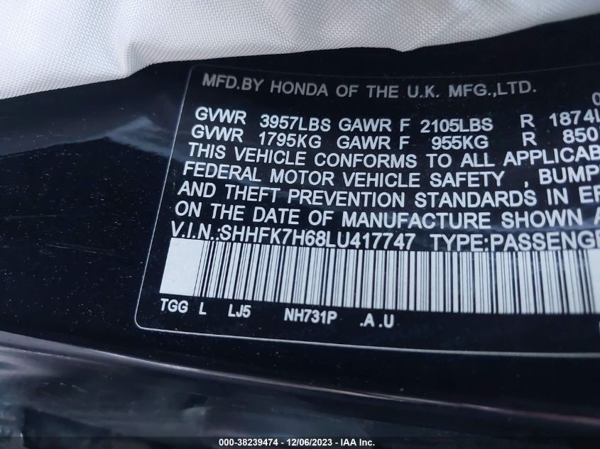 2020 HONDA CIVIC  EX - SHHFK7H68LU417747
