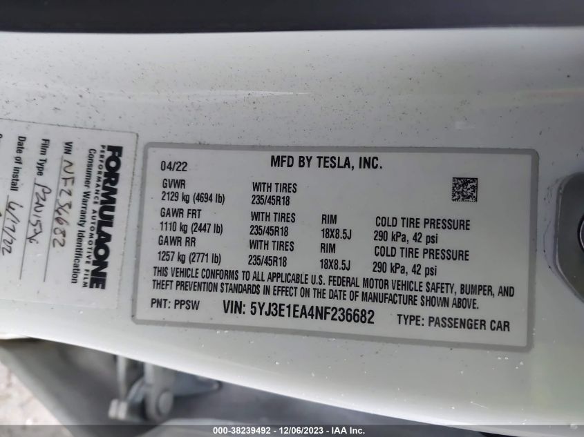 2022 TESLA MODEL 3 - 5YJ3E1EA4NF236682