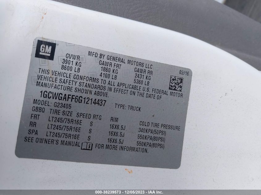 2016 CHEVROLET EXPRESS 2500 WORK VAN - 1GCWGAFF6G1214437