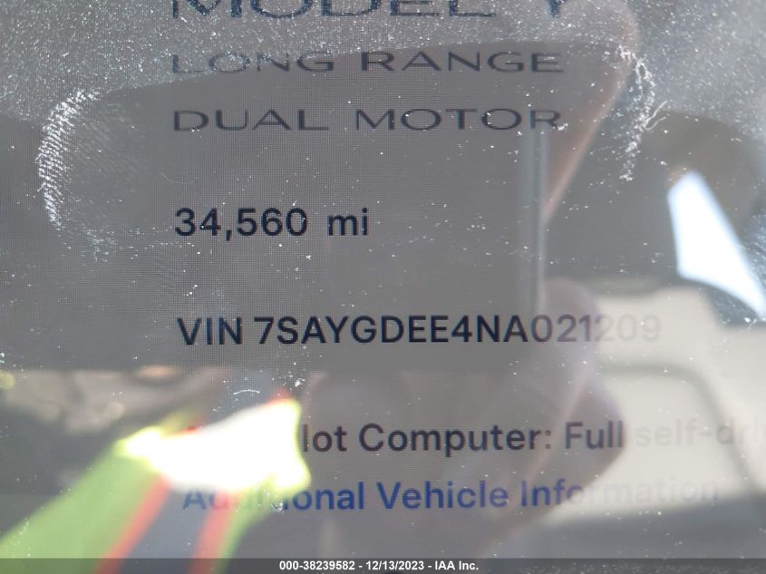 2022 TESLA MODEL Y - 7SAYGDEE4NA021209