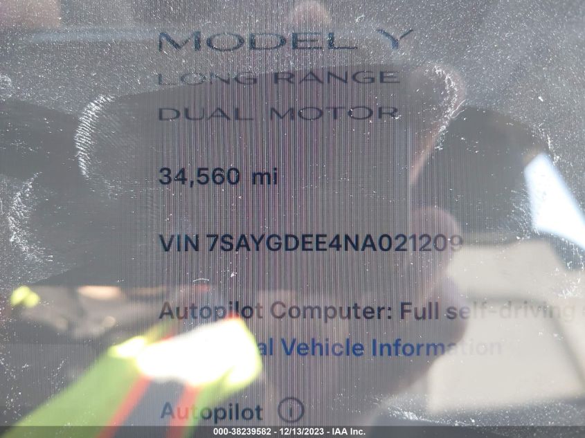 2022 TESLA MODEL Y - 7SAYGDEE4NA021209