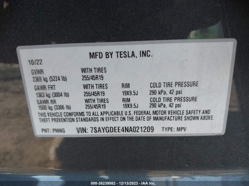 2022 TESLA MODEL Y - 7SAYGDEE4NA021209