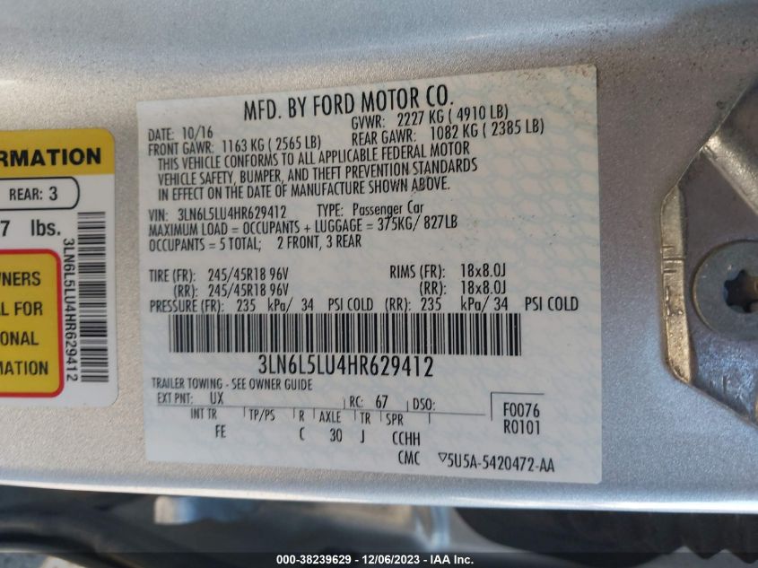 2017 LINCOLN MKZ HYBRID SELECT 3LN6L5LU4HR629412