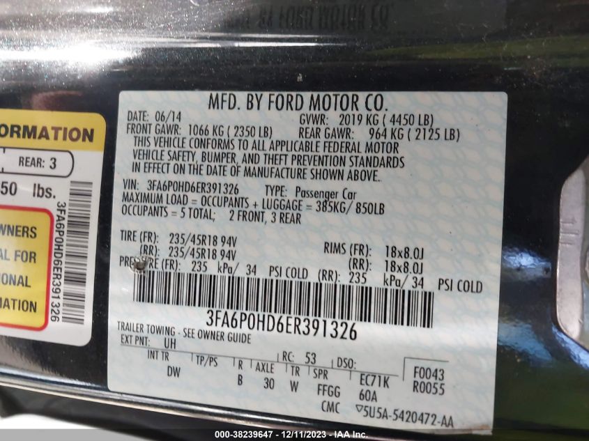 2014 FORD FUSION SE - 3FA6P0HD6ER391326