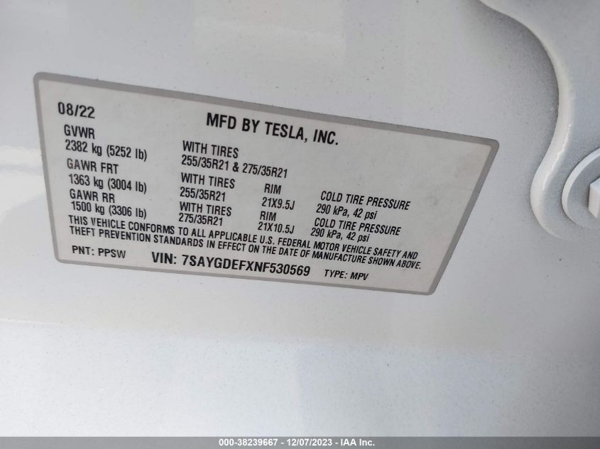 2022 TESLA MODEL Y PERFORMANCE DUAL MOTOR - 7SAYGDEFXNF530569