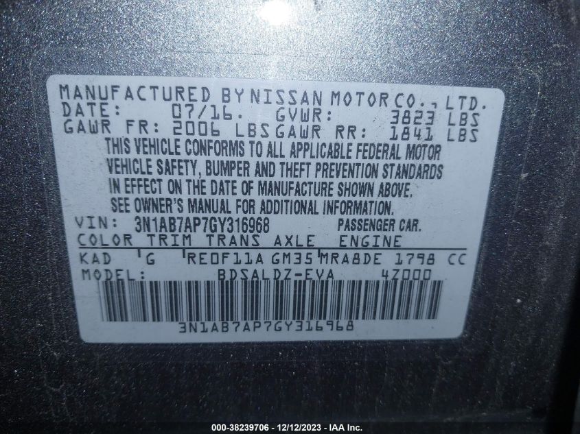 3N1AB7AP7GY316968 | 2016 NISSAN SENTRA