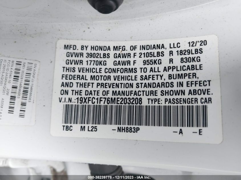 VIN 19XFC1F76ME203208 2021 HONDA CIVIC EX-L