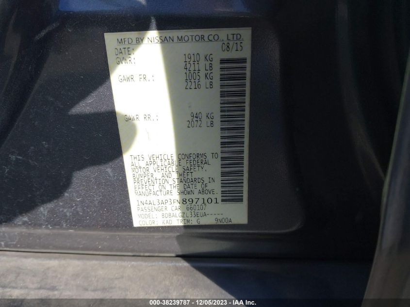 2015 NISSAN ALTIMA 2.5/2.5 S/2.5 SL/2.5 SV - 1N4AL3AP3FN897101