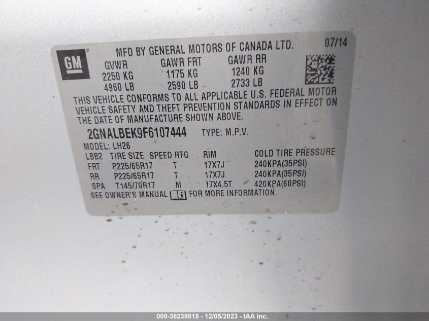 2015 CHEVROLET EQUINOX LT - 2GNALBEK9F6107444