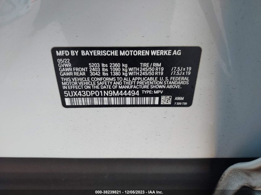 5UX43DP01N9M44494 2022 BMW X3, photo no. 9