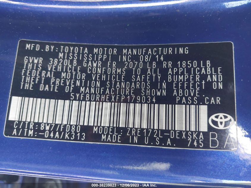 2015 TOYOTA COROLLA L/LE/LE PLS/PRM/S/S PLS - 5YFBURHEXFP179034
