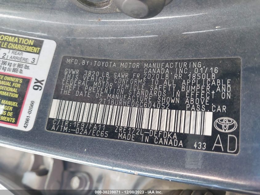 2016 TOYOTA COROLLA L/LE/LE PLS/PRM/S/S PLS - 2T1BURHE0GC604052