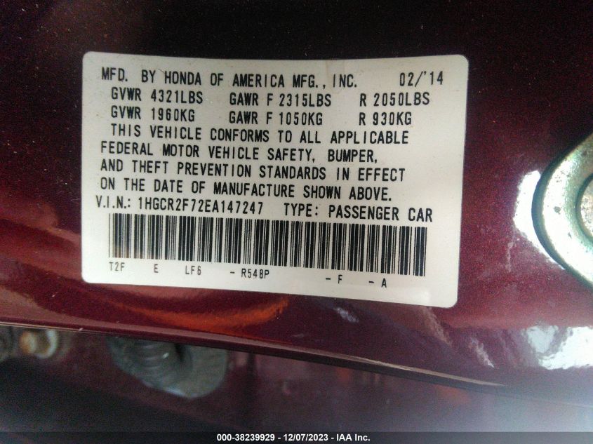 2014 HONDA ACCORD EX - 1HGCR2F72EA147247