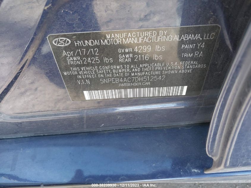 2013 HYUNDAI SONATA GLS - 5NPEB4AC7DH512542