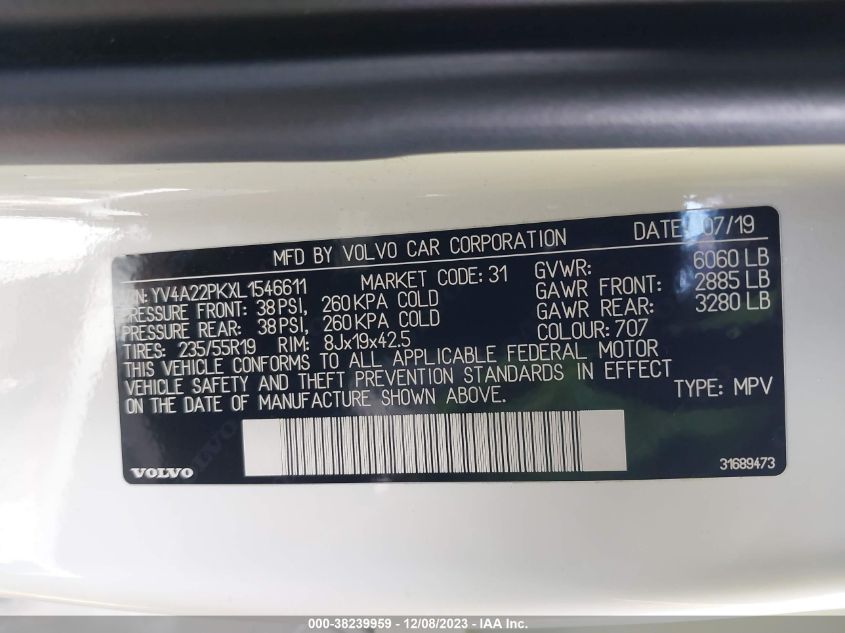 2020 VOLVO XC90 T6 MOMENTUM 7 PASSENGER - YV4A22PKXL1546611