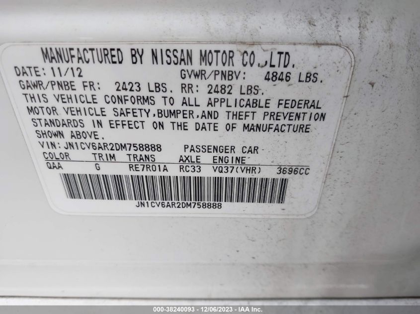 2013 INFINITI G37X - JN1CV6AR2DM758888