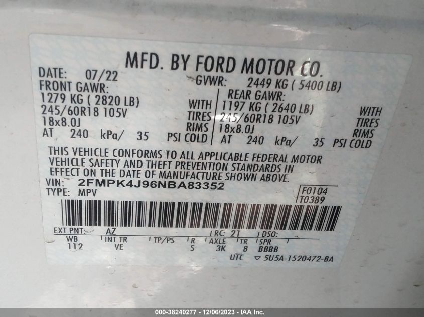 2022 FORD EDGE SEL - 2FMPK4J96NBA83352