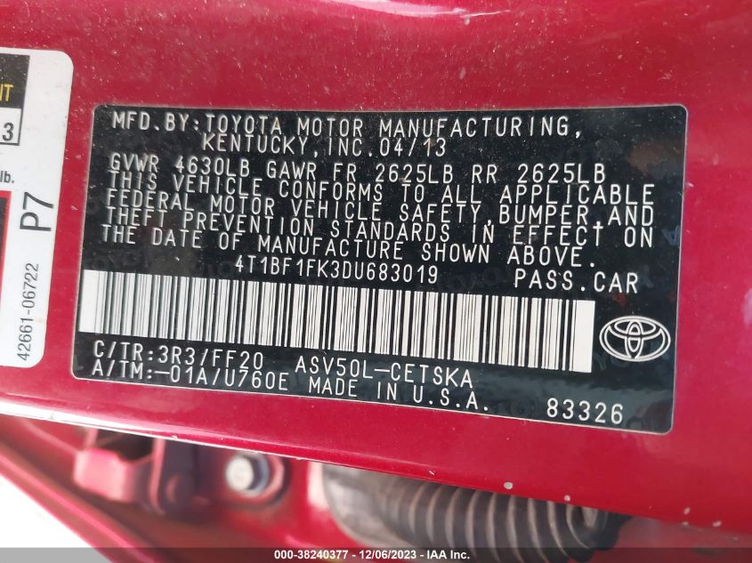2013 TOYOTA CAMRY L/SE/LE/XLE - 4T1BF1FK3DU683019