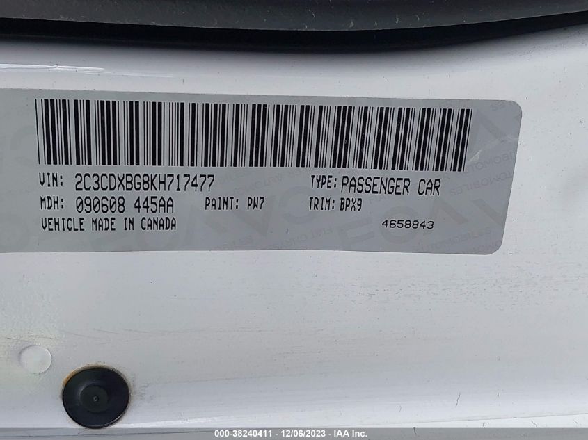 2019 DODGE CHARGER SXT RWD - 2C3CDXBG8KH717477