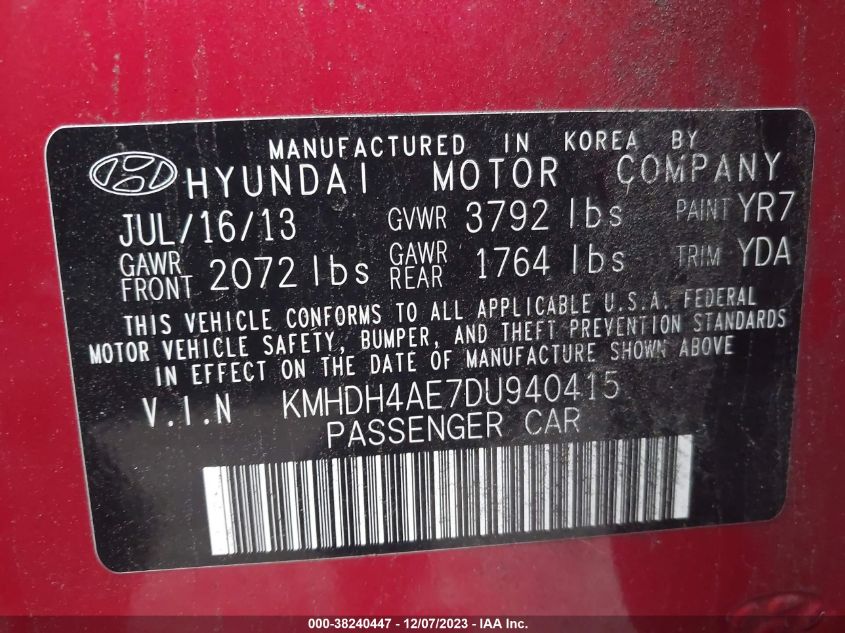 2013 HYUNDAI ELANTRA LIMITED (ULSAN PLANT) - KMHDH4AE7DU940415