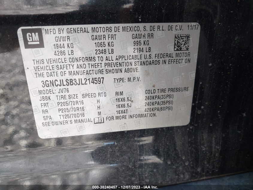 2018 CHEVROLET TRAX LT - 3GNCJLSB3JL214597