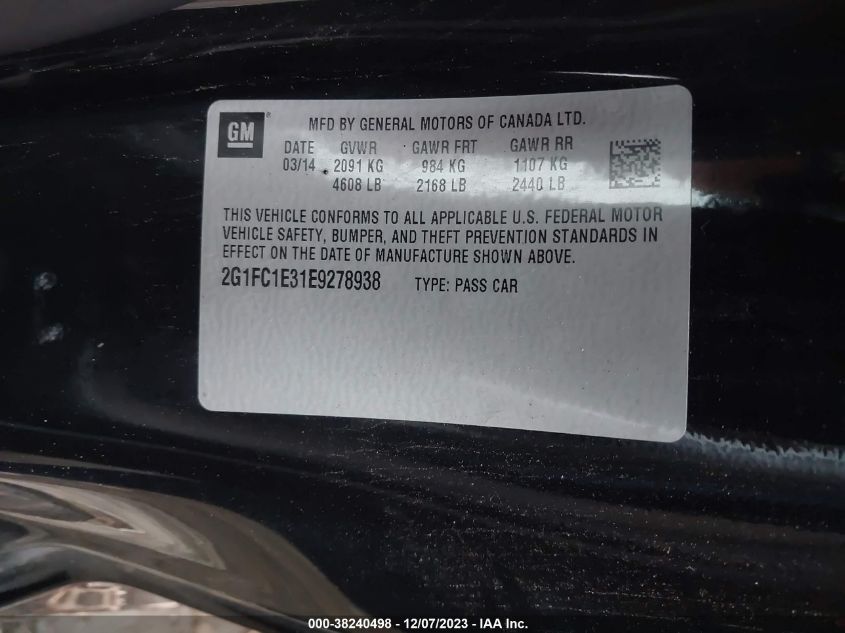 2014 CHEVROLET CAMARO LT - 2G1FC1E31E9278938