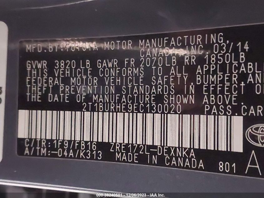 2014 TOYOTA COROLLA L/LE/LE PLS/PRM/S/S PLS - 2T1BURHE9EC130020